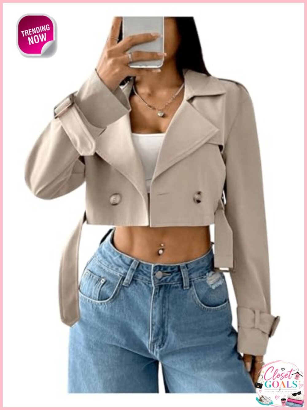 Women's Cropped Trench Coat Long Sleeve Notch Lapel Double Breasted